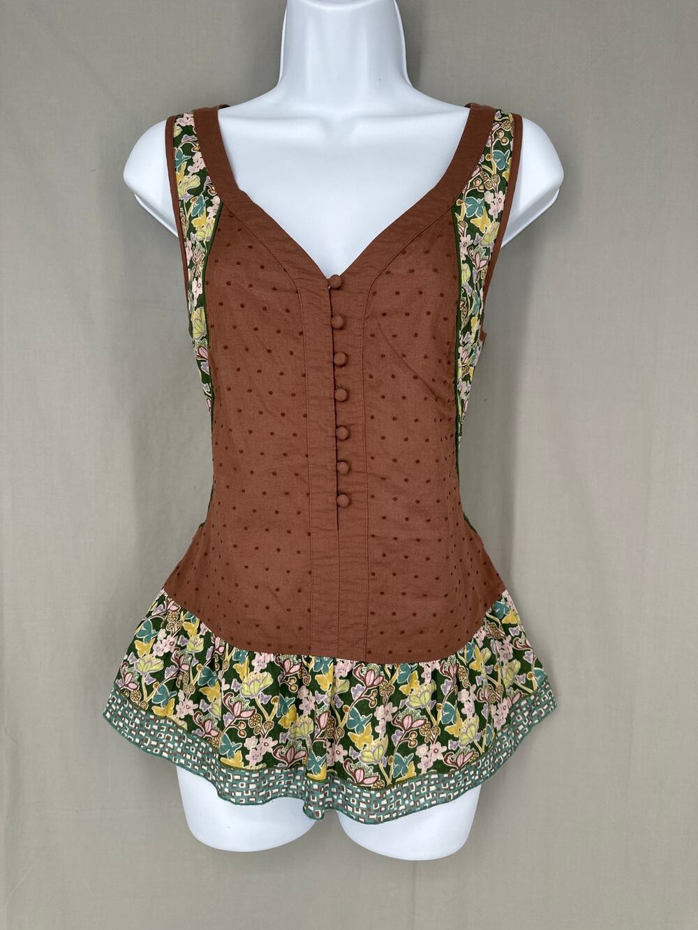 Y2K Vintage Top Womens Small Brown Floral Cottagecore Boho Button Fairy Cotton
